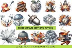 Silver Vintage Aesthetic Autumn Clipart - CraftNest - Digital Crafting and Art