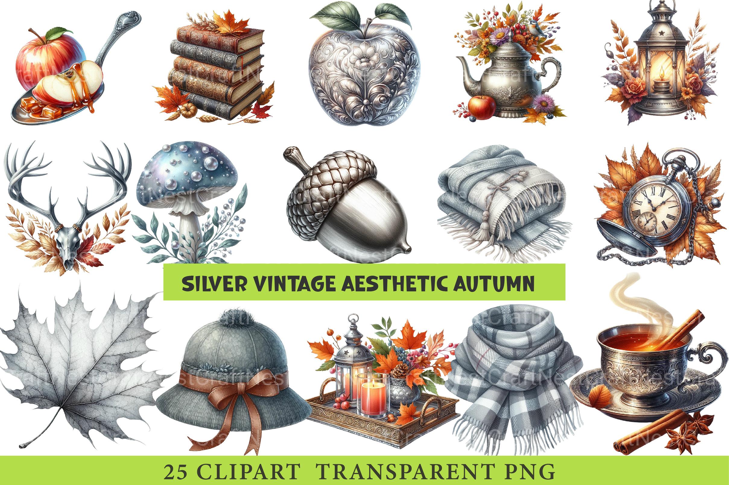 Silver Vintage Aesthetic Autumn Clipart - CraftNest - Digital Crafting and Art
