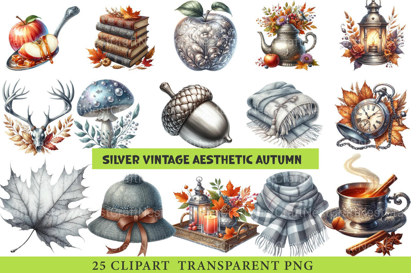 Silver Vintage Aesthetic Autumn Clipart - CraftNest - Digital Crafting and Art