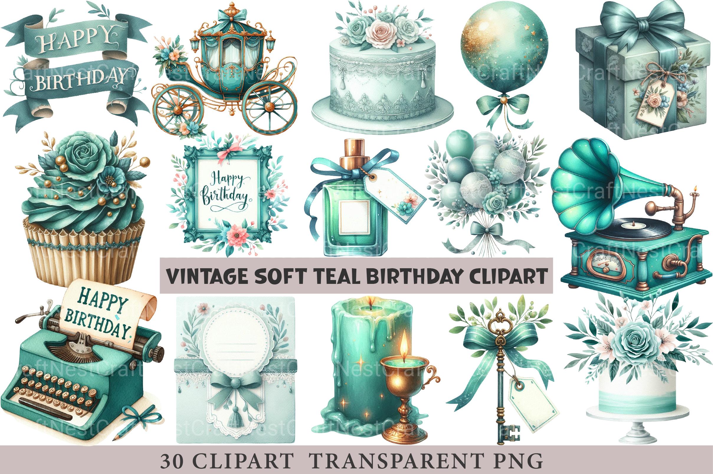 Vintage Soft Teal Birthday Clipart - CraftNest - Digital Crafting and Art