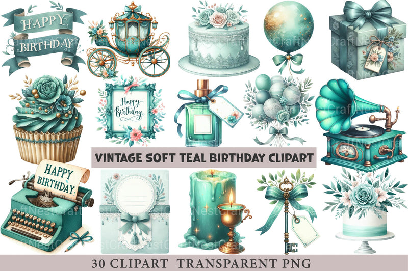 Vintage Soft Teal Birthday Clipart - CraftNest - Digital Crafting and Art