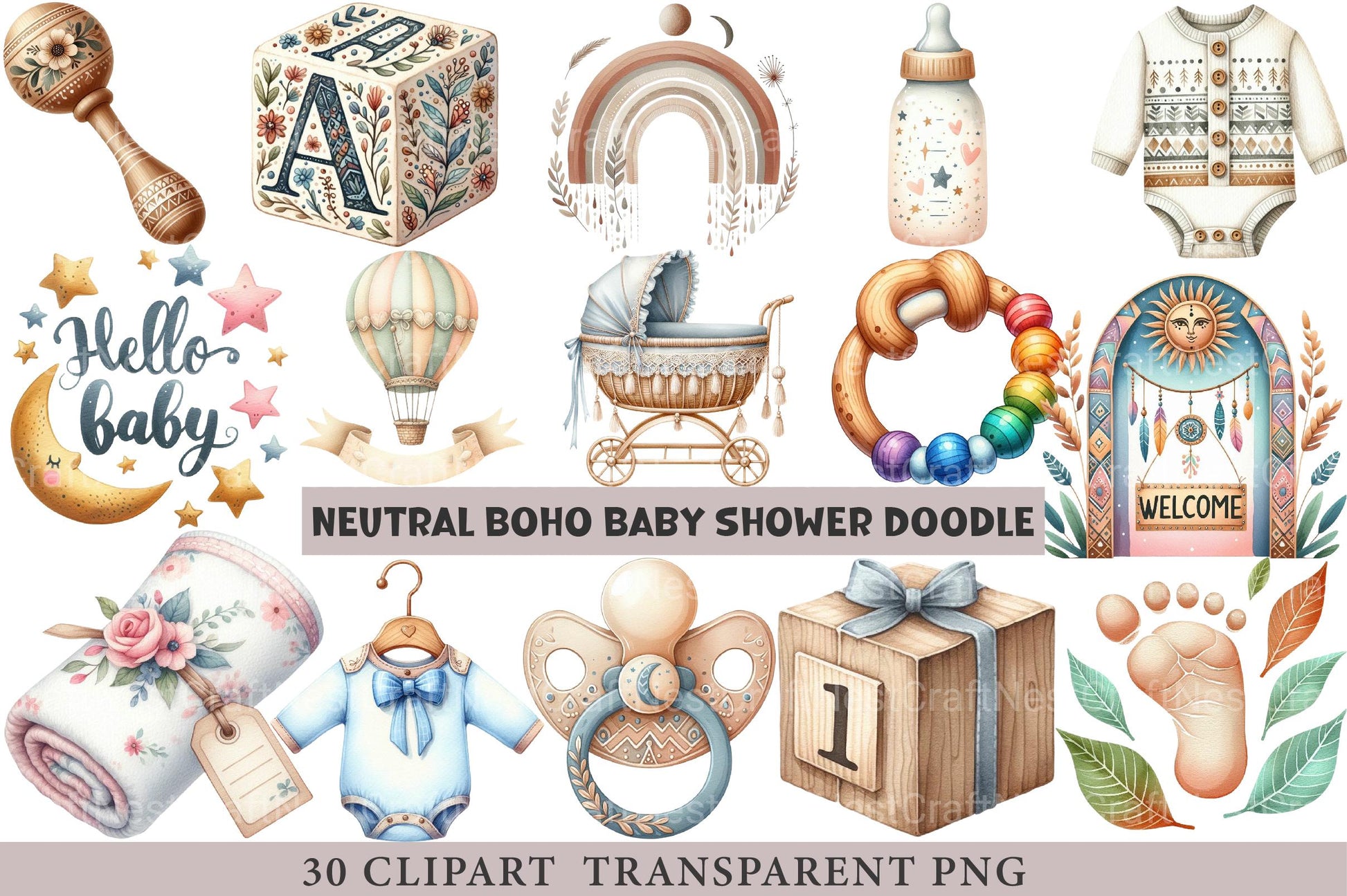 Neutral Boho Baby Shower Doodle Clipart - CraftNest - Digital Crafting and Art
