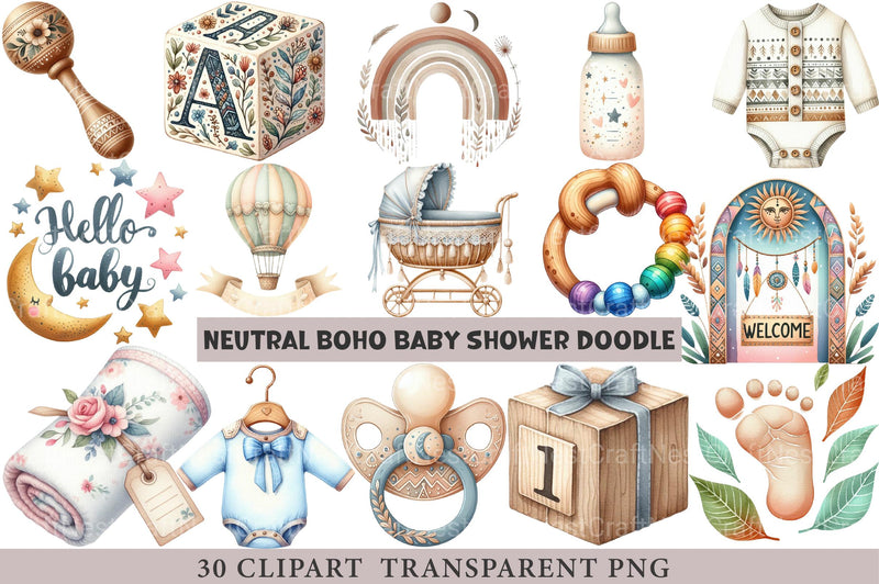 Neutral Boho Baby Shower Doodle Clipart - CraftNest - Digital Crafting and Art