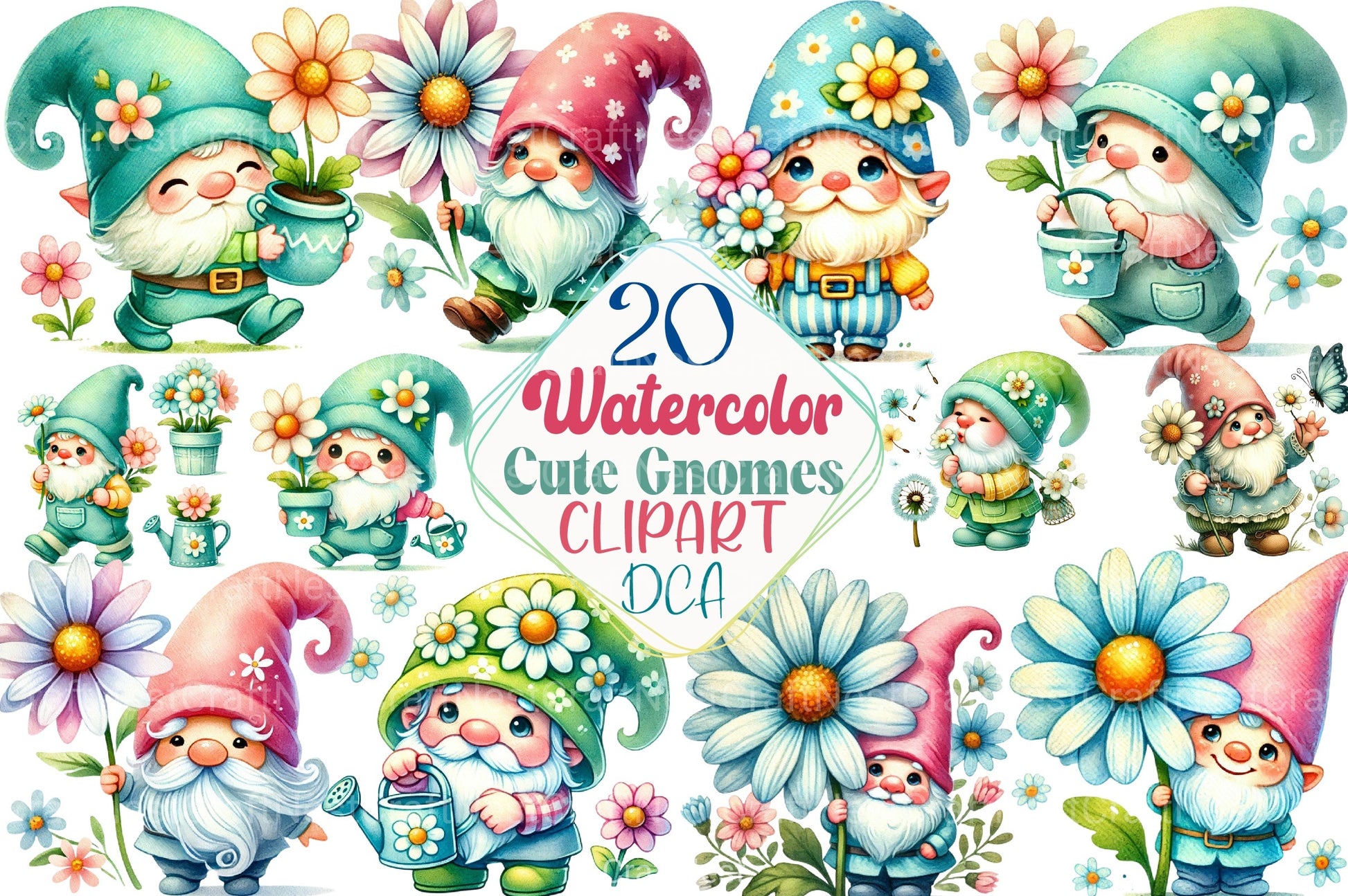 Cute Gnomes with Daisy Flower Clipart Bundle - CraftNest - Digital Crafting and Art