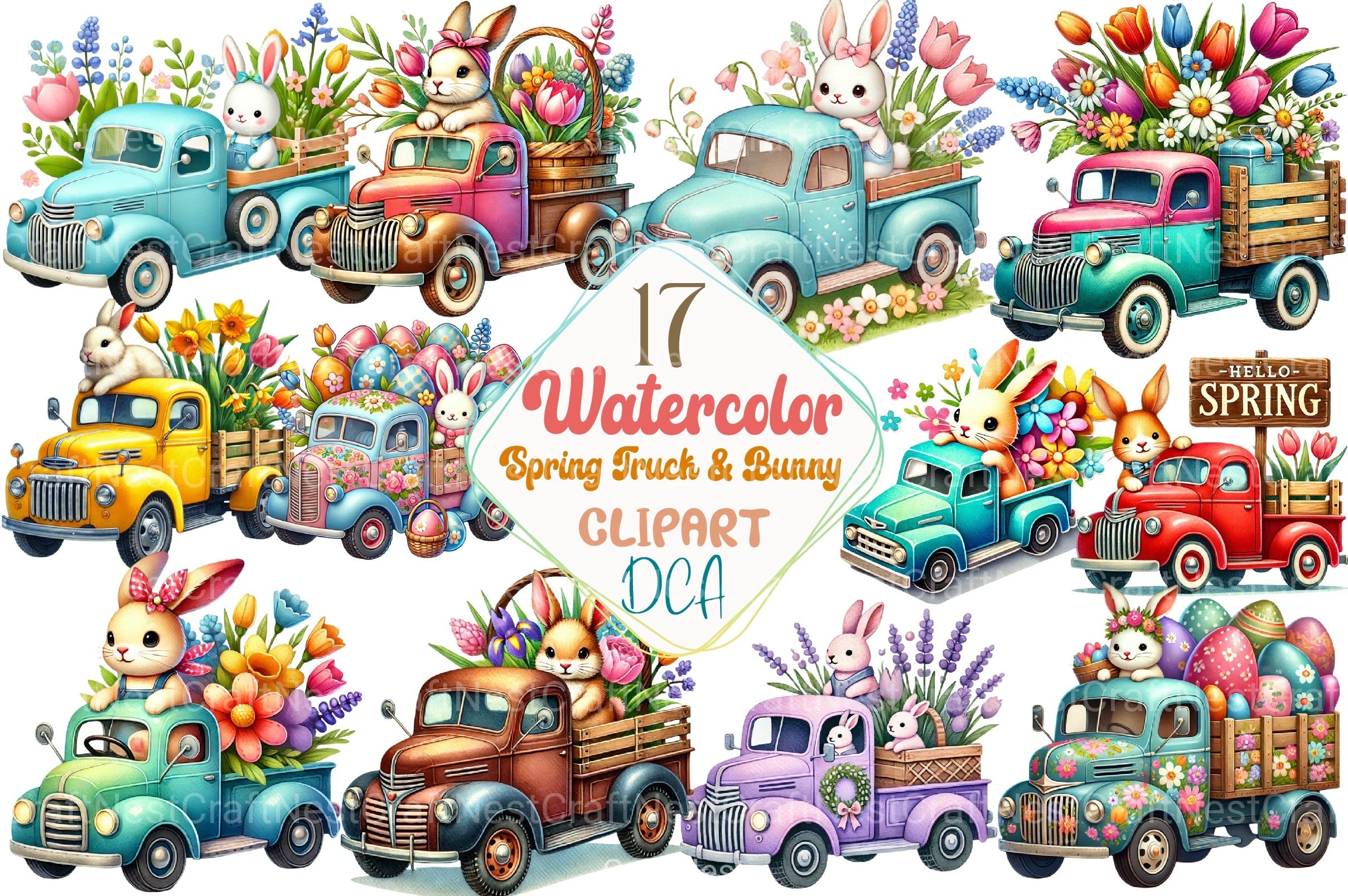 Spring Truck & Bunny Clipart Bundle - CraftNest - Digital Crafting and Art