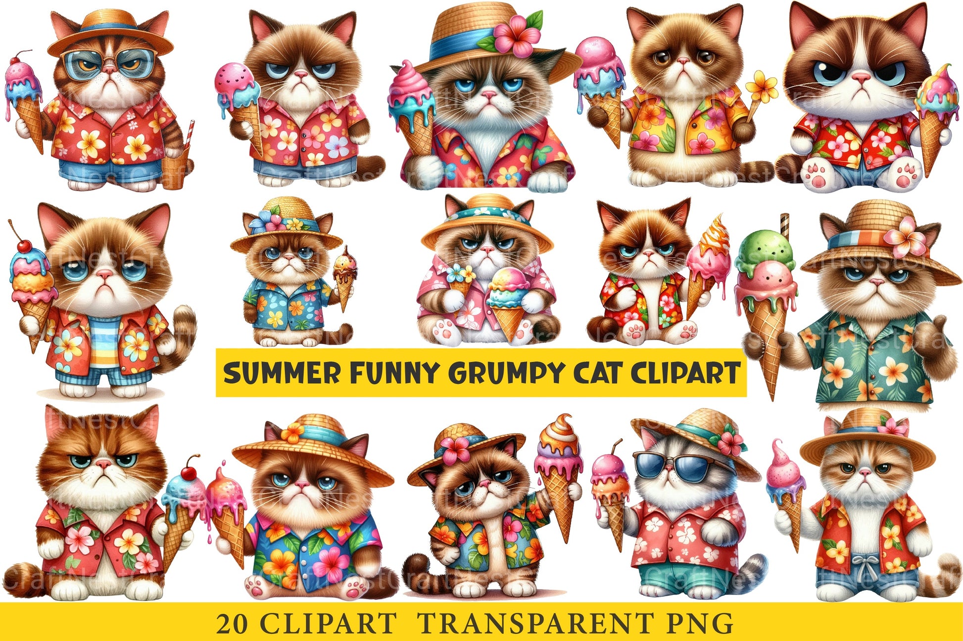 Summer Funny Grumpy Cat Clipart Bundle - CraftNest - Digital Crafting and Art