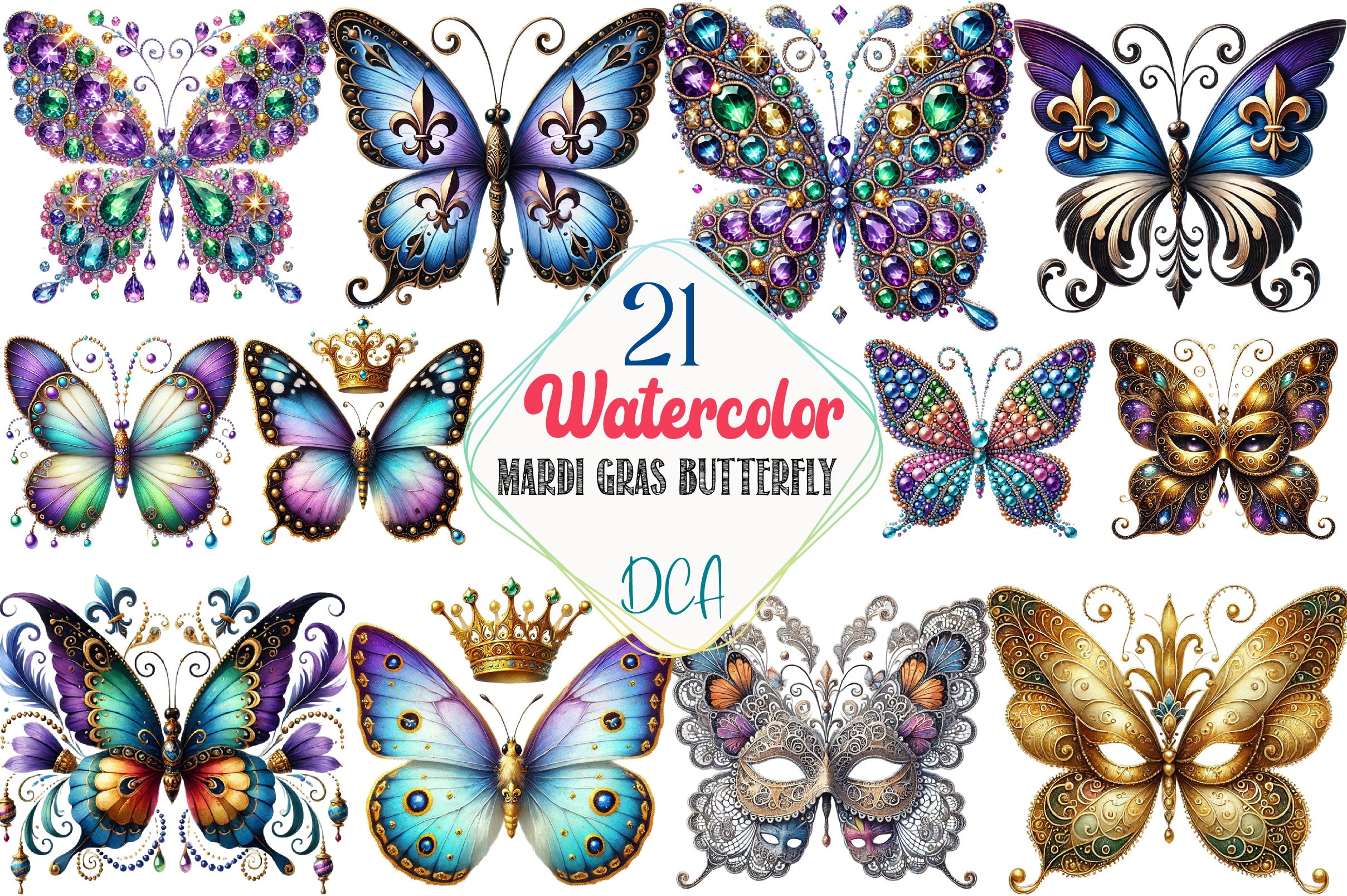 Mardi Gras Butterfly Clipart Bundle
