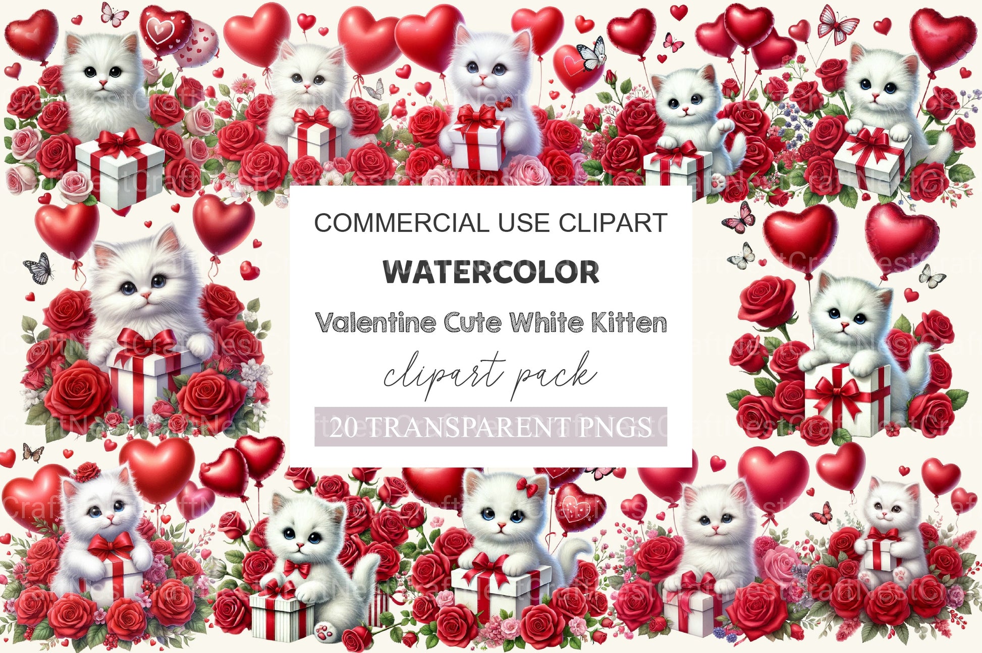 Valentine Cute White Kitten Clipart Bundle - CraftNest - Digital Crafting and Art