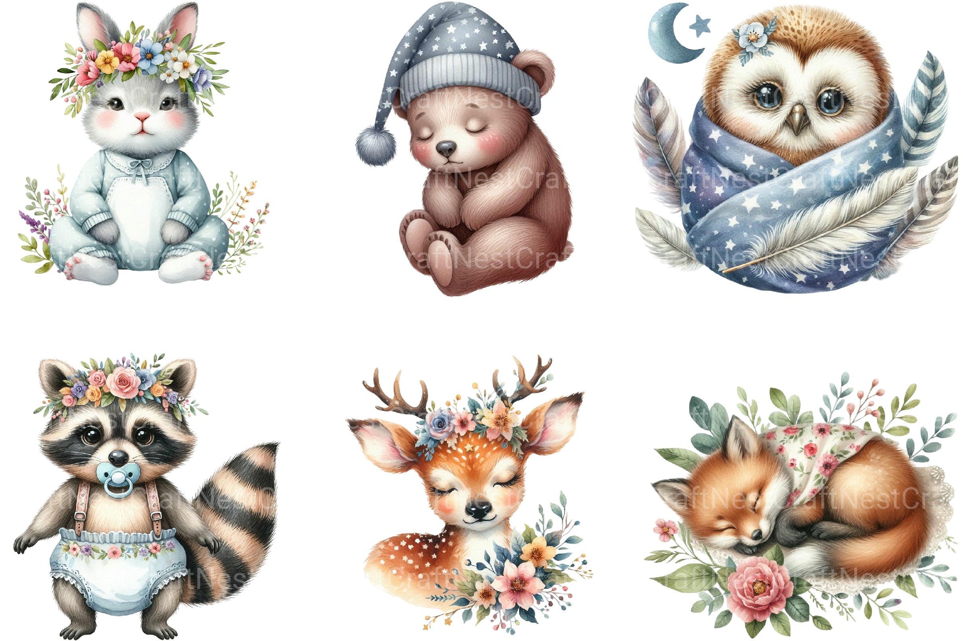 Boho Woodland Baby Floral Animals Clipart - CraftNest - Digital Crafting and Art