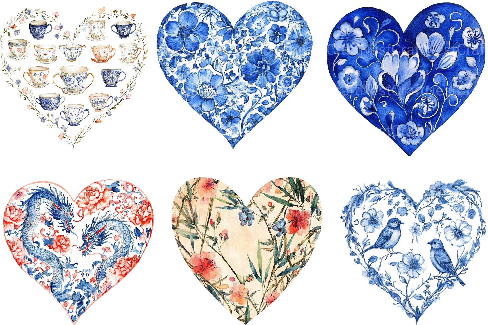 Chinoiserie Blue Toile Heart Clipart Bundle - CraftNest - Digital Crafting and Art