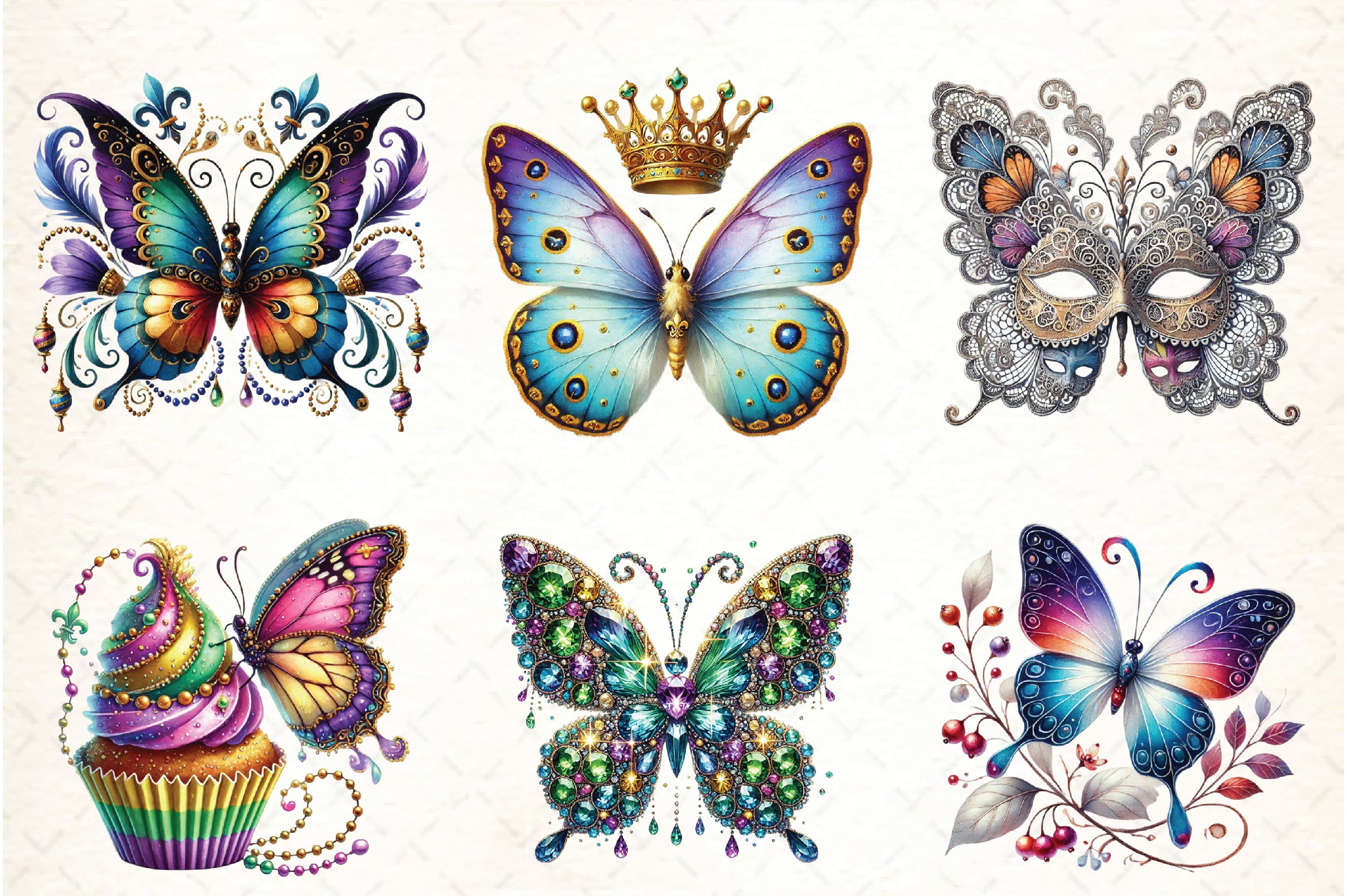 Mardi Gras Butterfly Clipart Bundle
