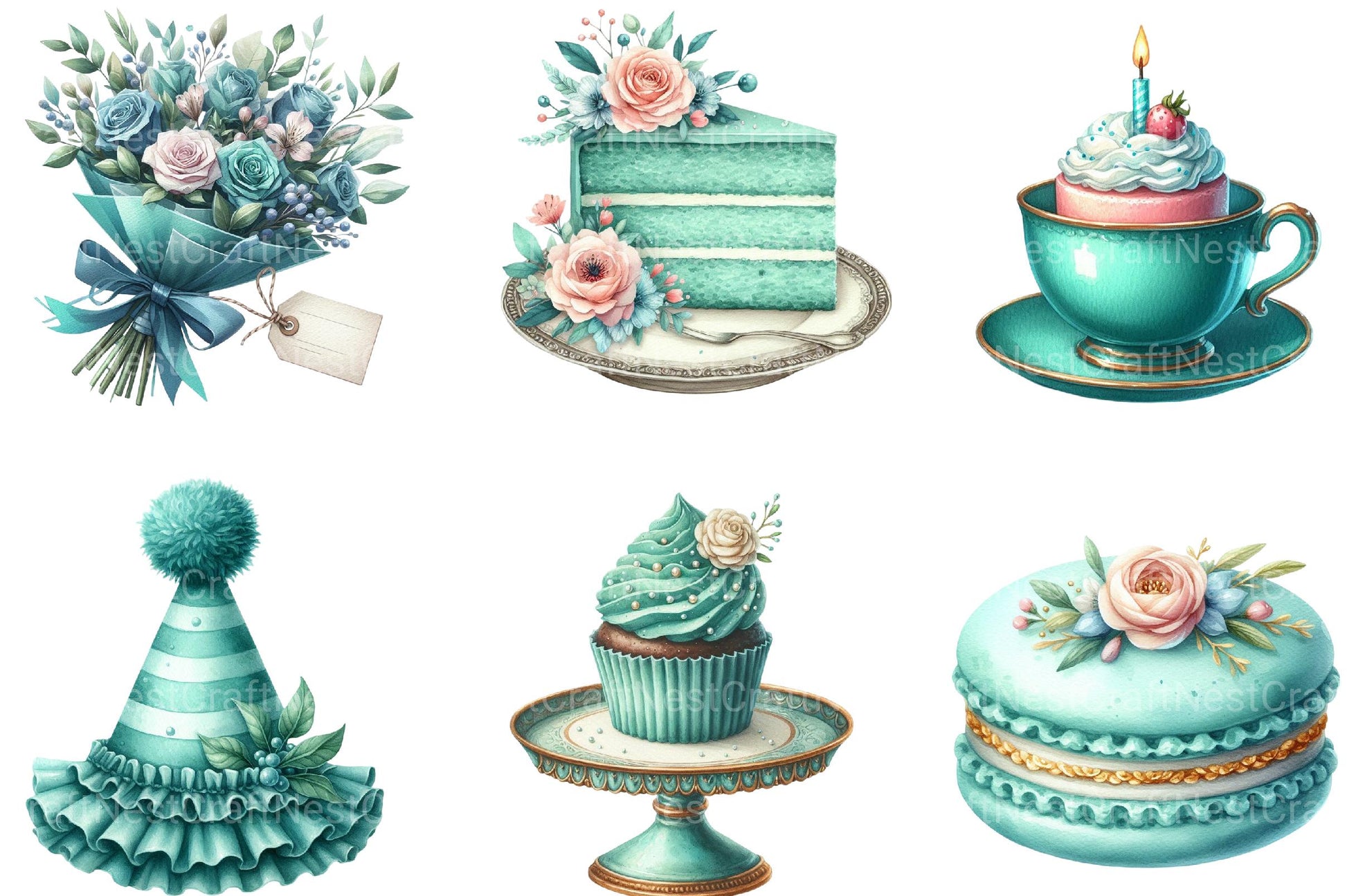 Vintage Soft Teal Birthday Clipart - CraftNest - Digital Crafting and Art