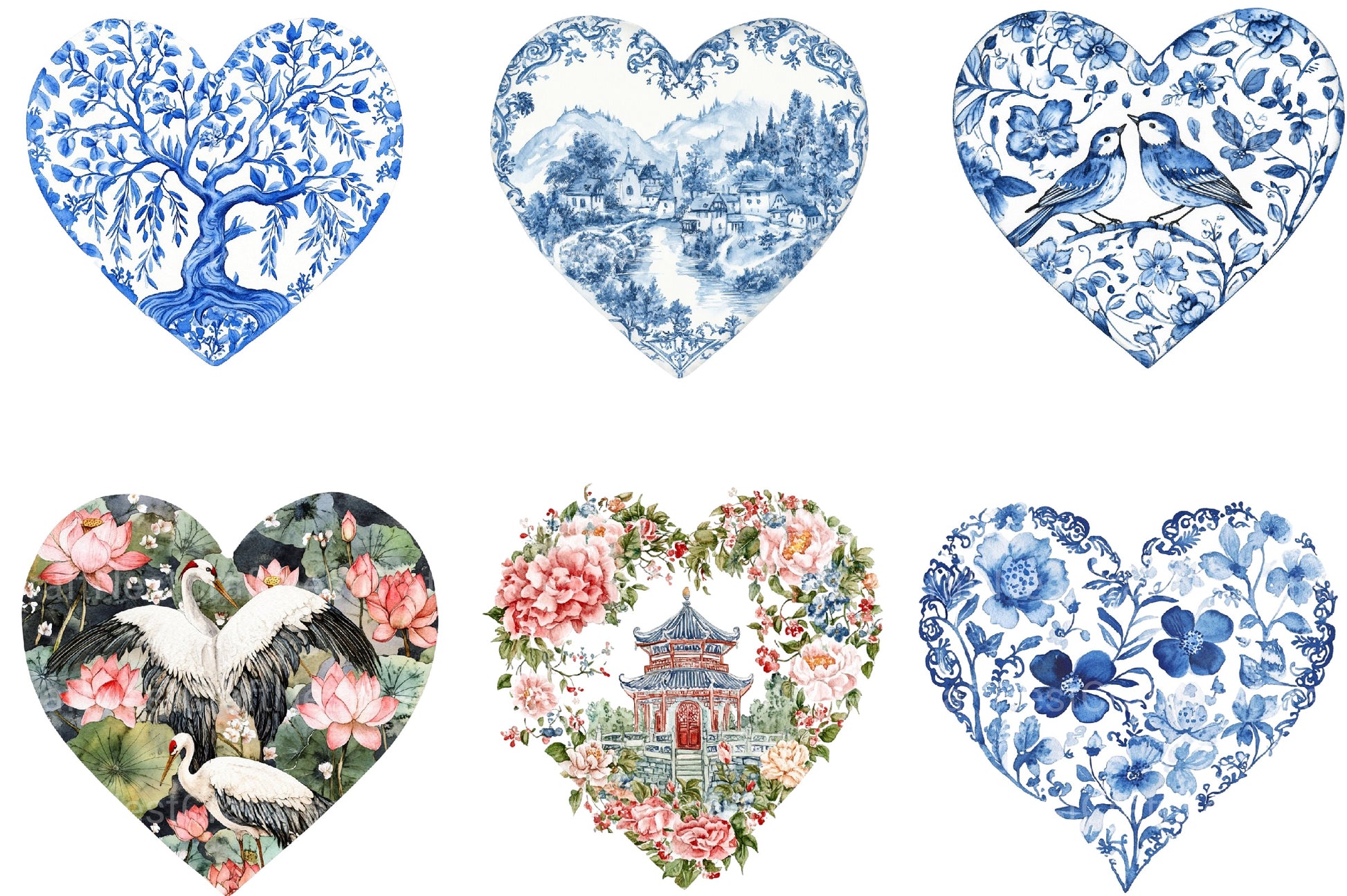 Chinoiserie Blue Toile Heart Clipart Bundle - CraftNest - Digital Crafting and Art