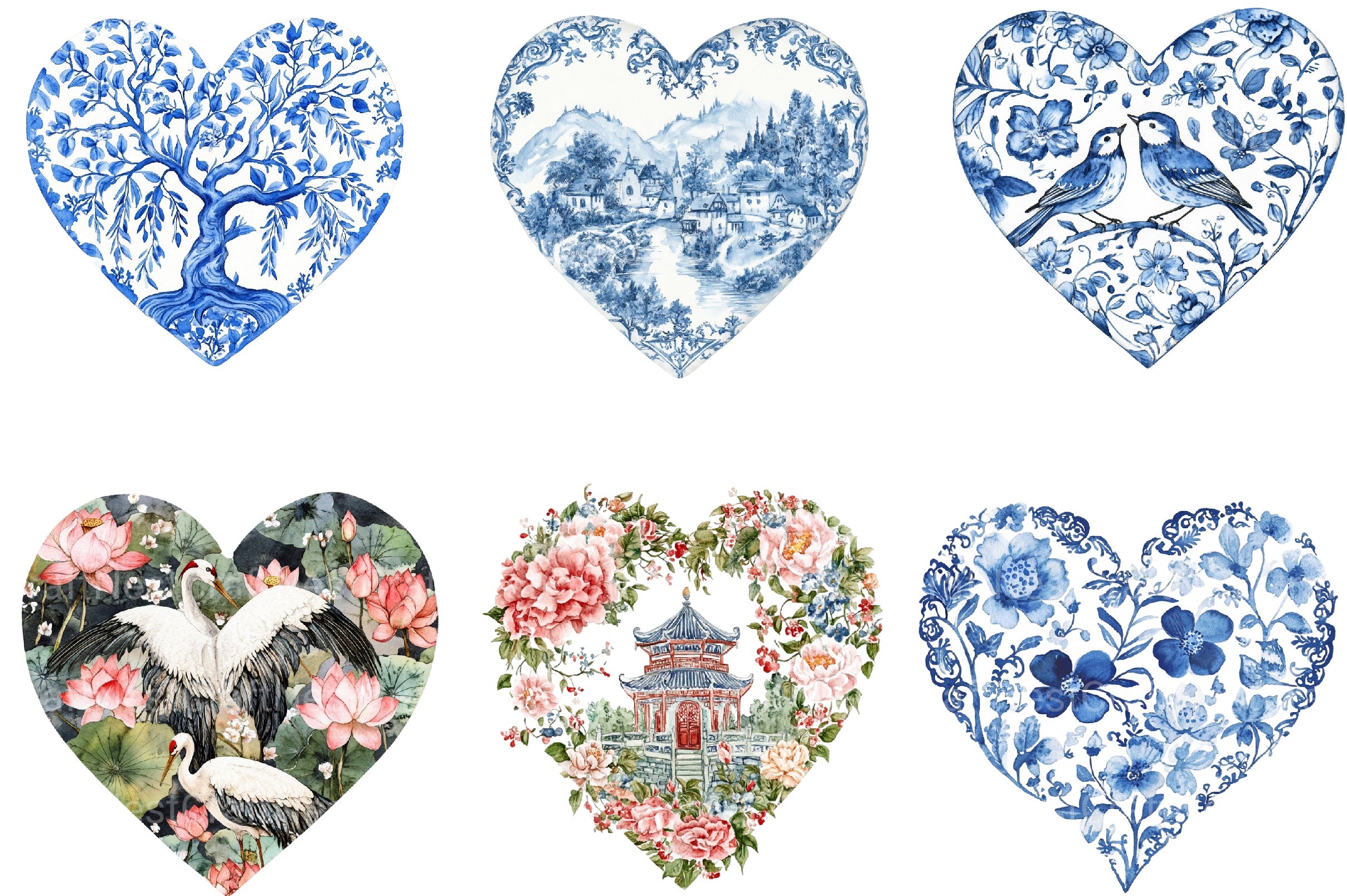 Chinoiserie Blue Toile Heart Clipart Bundle - CraftNest - Digital Crafting and Art