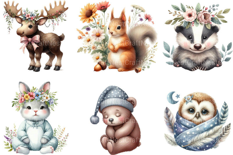 Boho Woodland Baby Floral Animals Clipart - CraftNest - Digital Crafting and Art