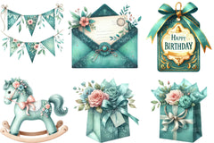 Vintage Soft Teal Birthday Clipart - CraftNest - Digital Crafting and Art