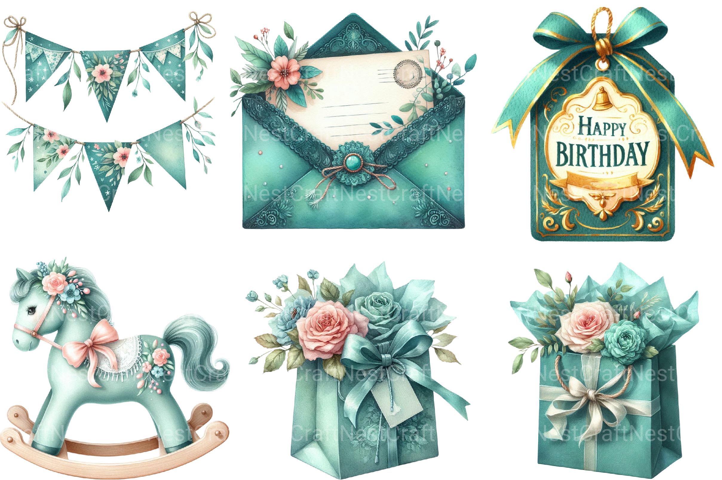 Vintage Soft Teal Birthday Clipart - CraftNest - Digital Crafting and Art