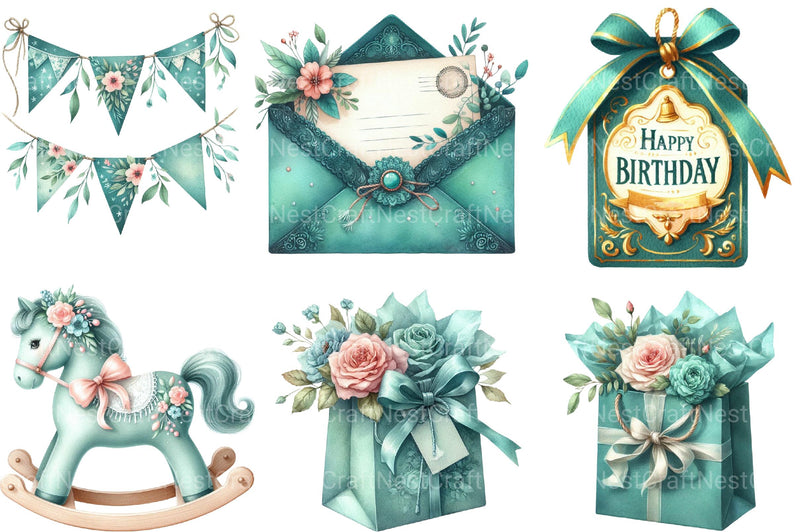 Vintage Soft Teal Birthday Clipart - CraftNest - Digital Crafting and Art
