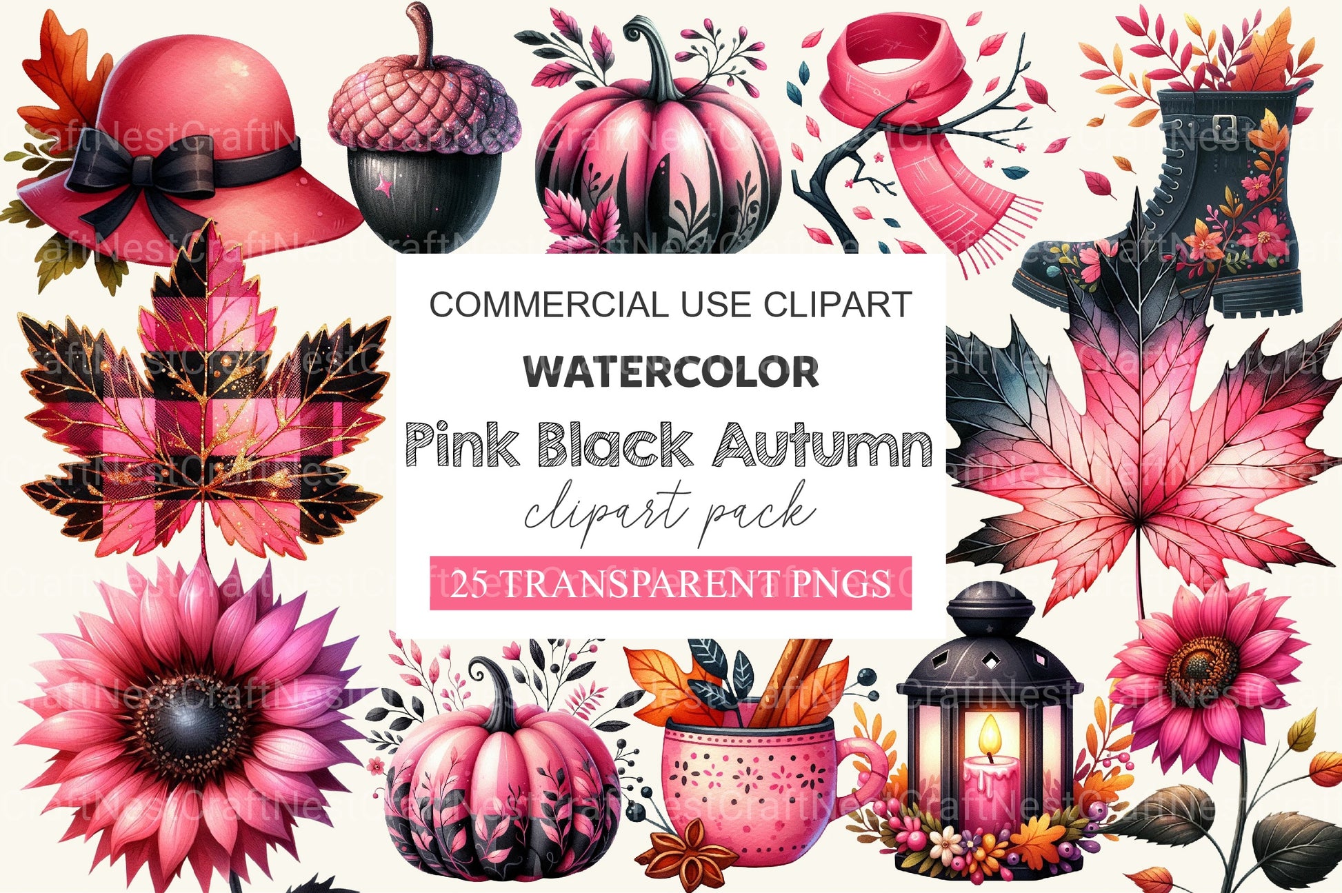 Pink Black Autumn Clipart Bundle - CraftNest - Digital Crafting and Art