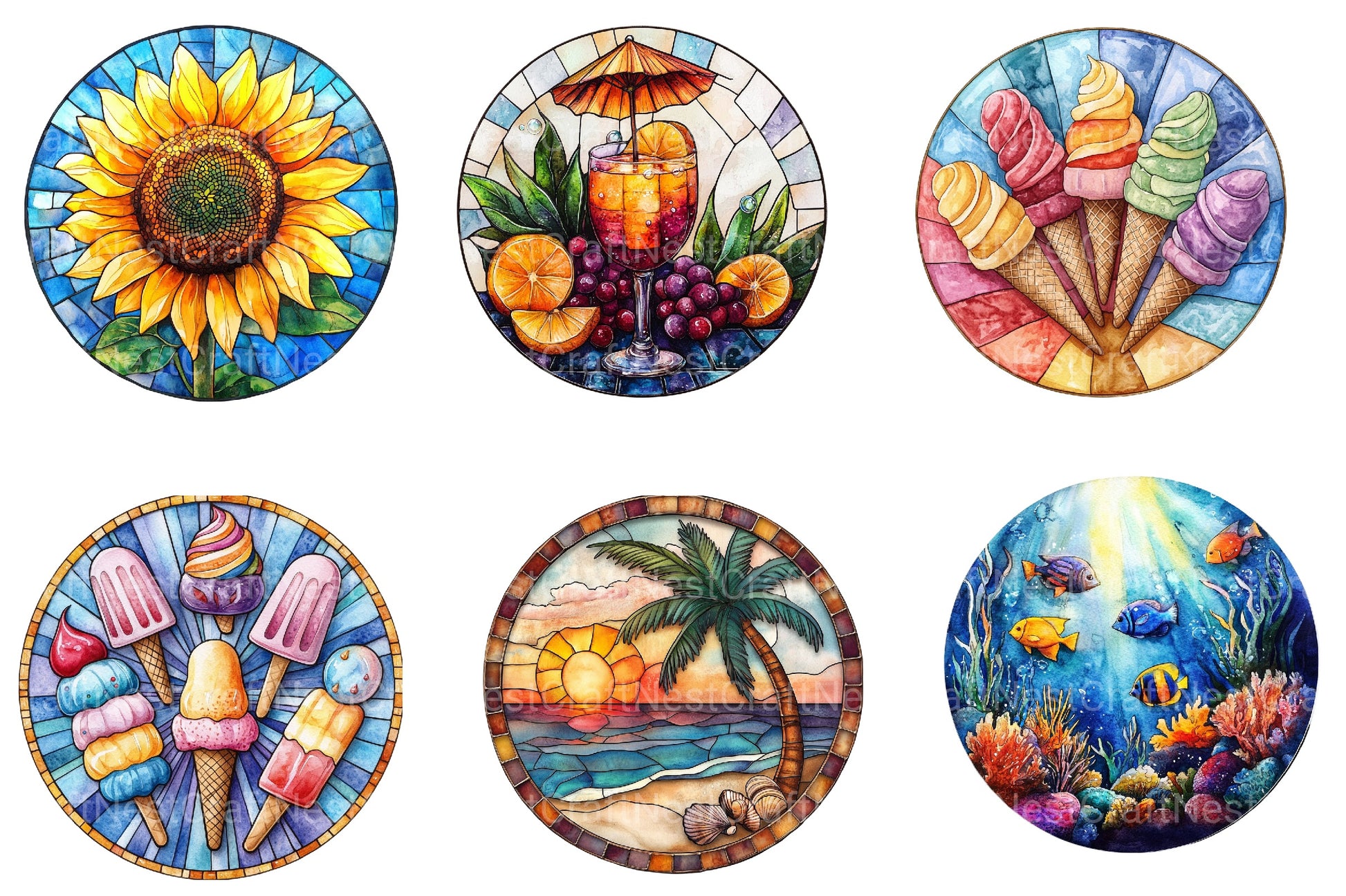 Round Stained Glass Summer Clipart Bundle 3 - CraftNest - Digital Crafting and Art