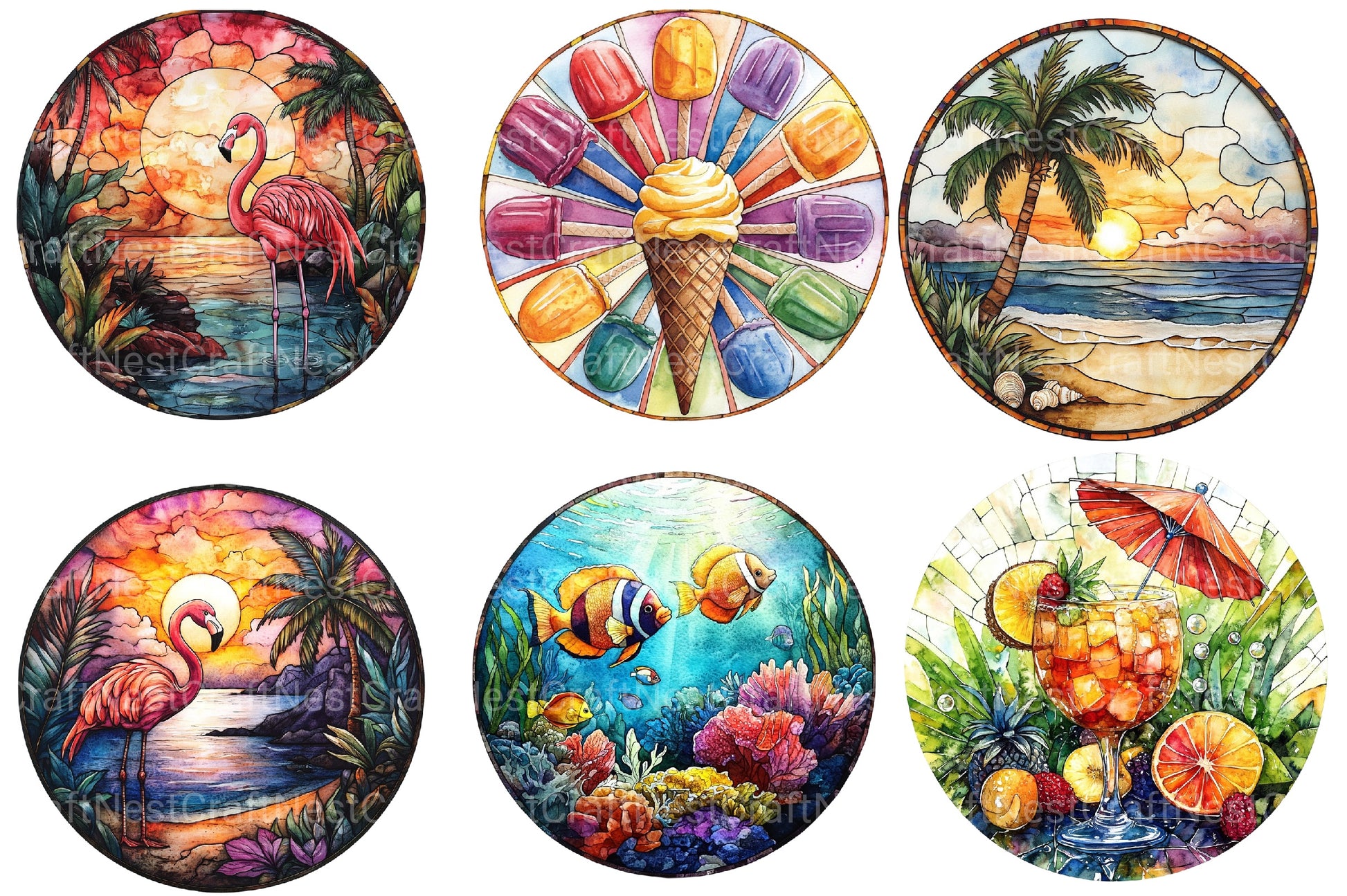Round Stained Glass Summer Clipart Bundle 3 - CraftNest - Digital Crafting and Art