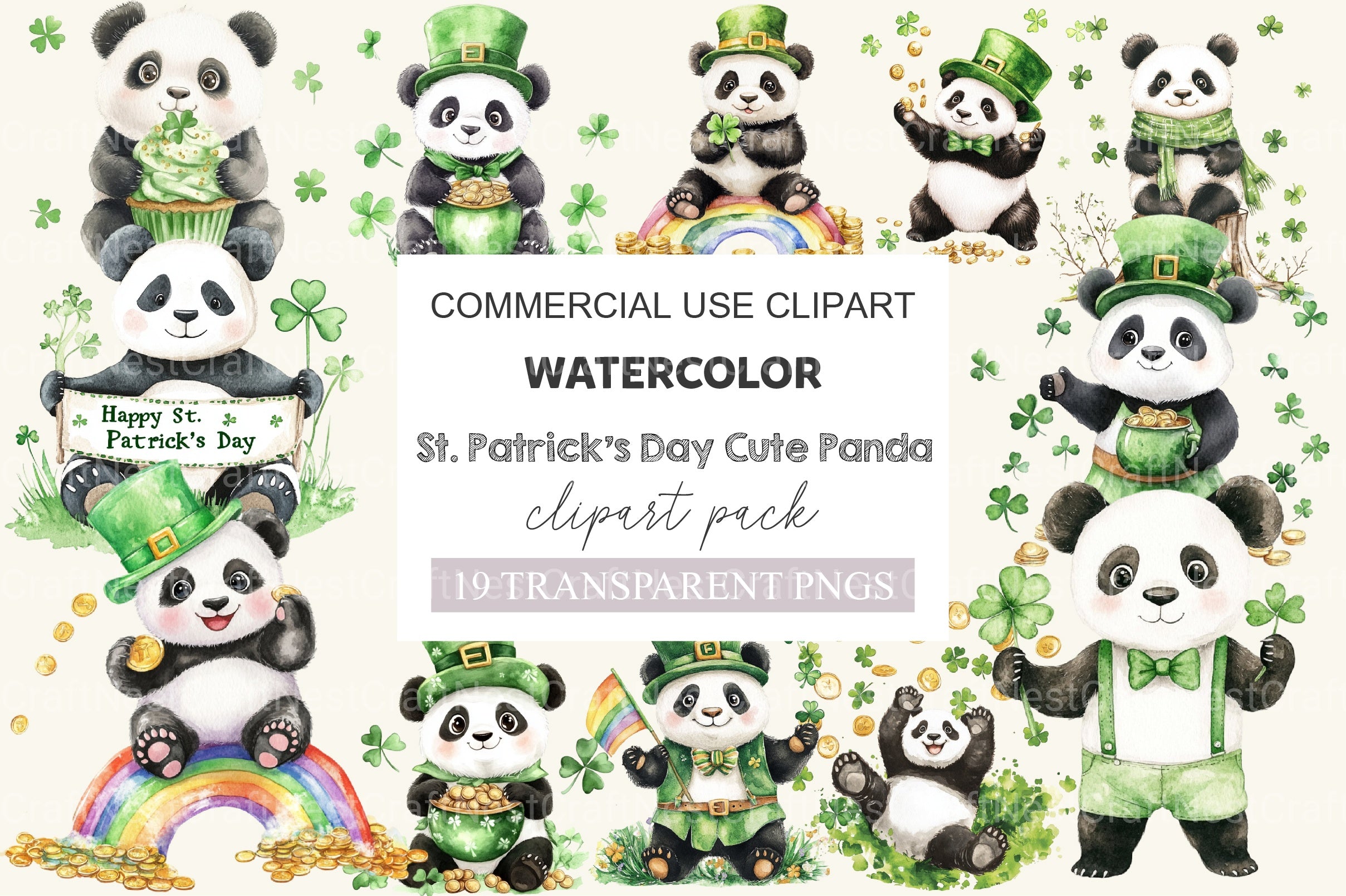 St Patrick's Day Cute Panda Clipart Bundle 2 - CraftNest - Digital Crafting and Art