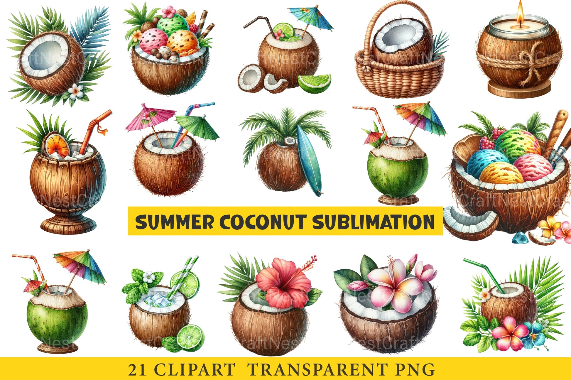 Summer Coconut Sublimation Clipart Bundle - CraftNest - Digital Crafting and Art