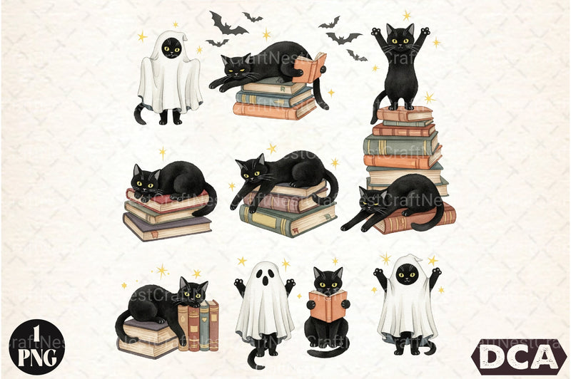 Spooky Cat Halloween Clipart Bundle for Book Lovers - CraftNest - Digital Crafting and Art