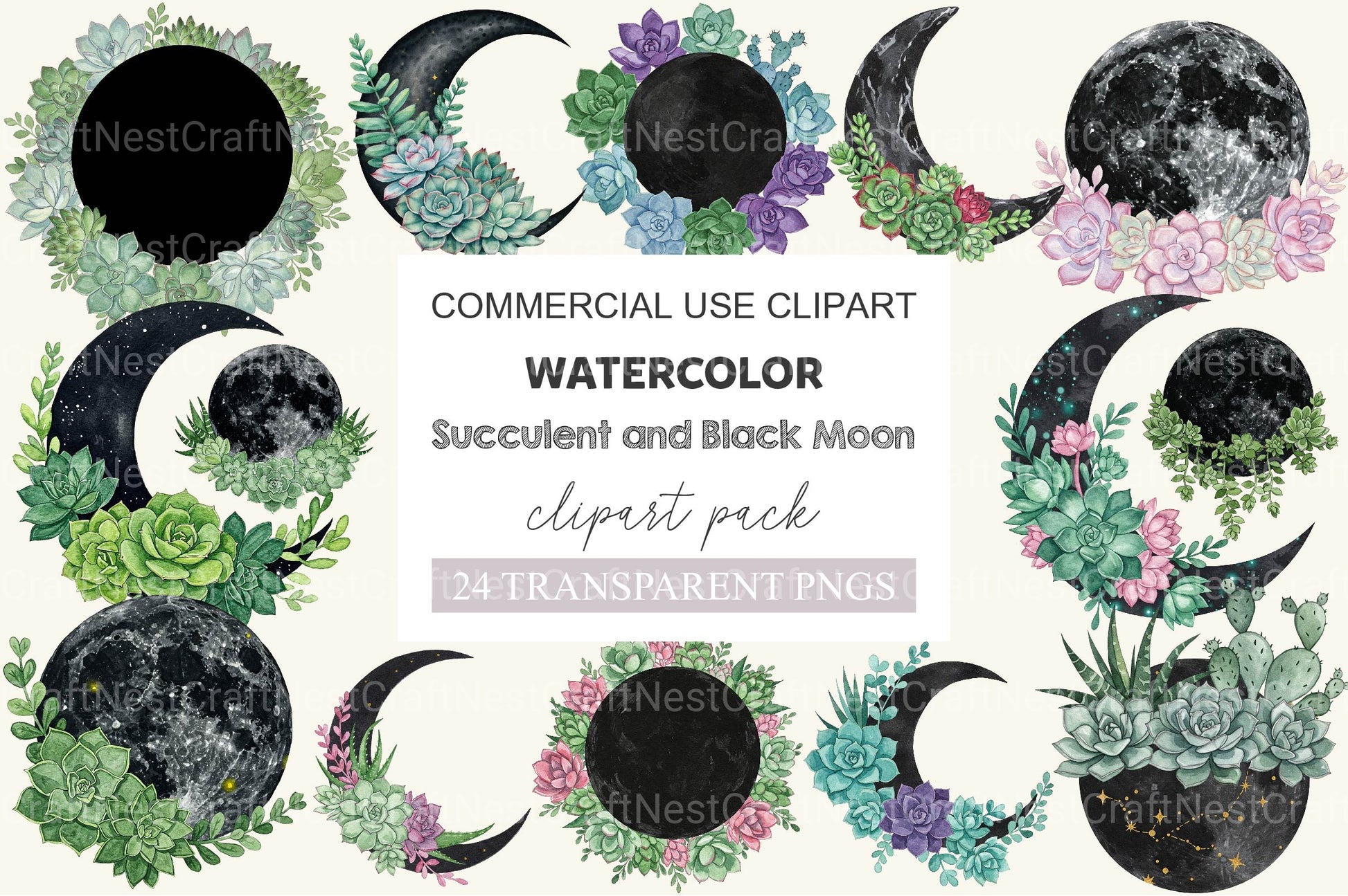 Succulent And Black Moon Clipart Bundle - CraftNest - Digital Crafting and Art