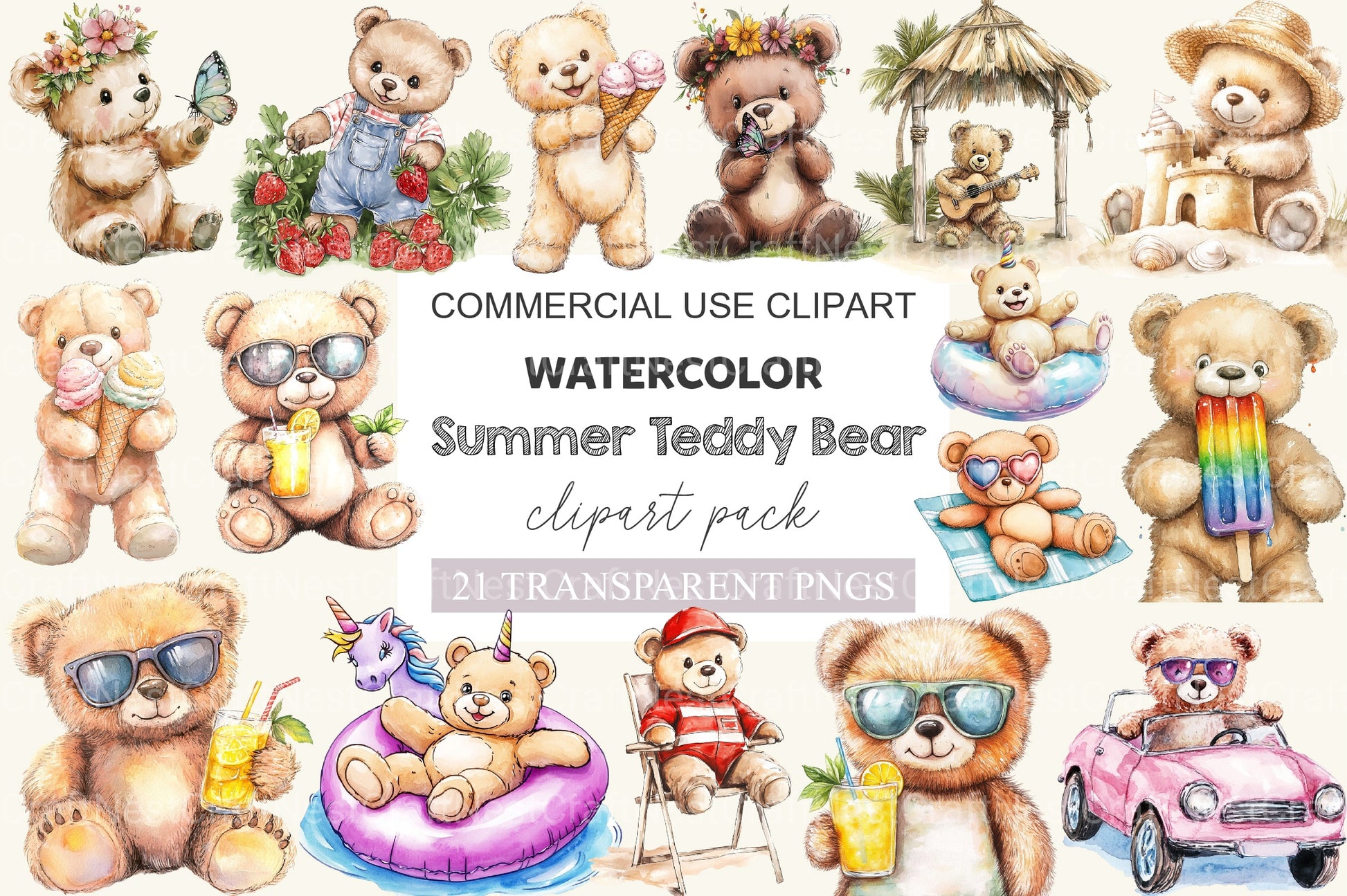 Summer Teddy Bear Clipart Bundle - CraftNest - Digital Crafting and Art