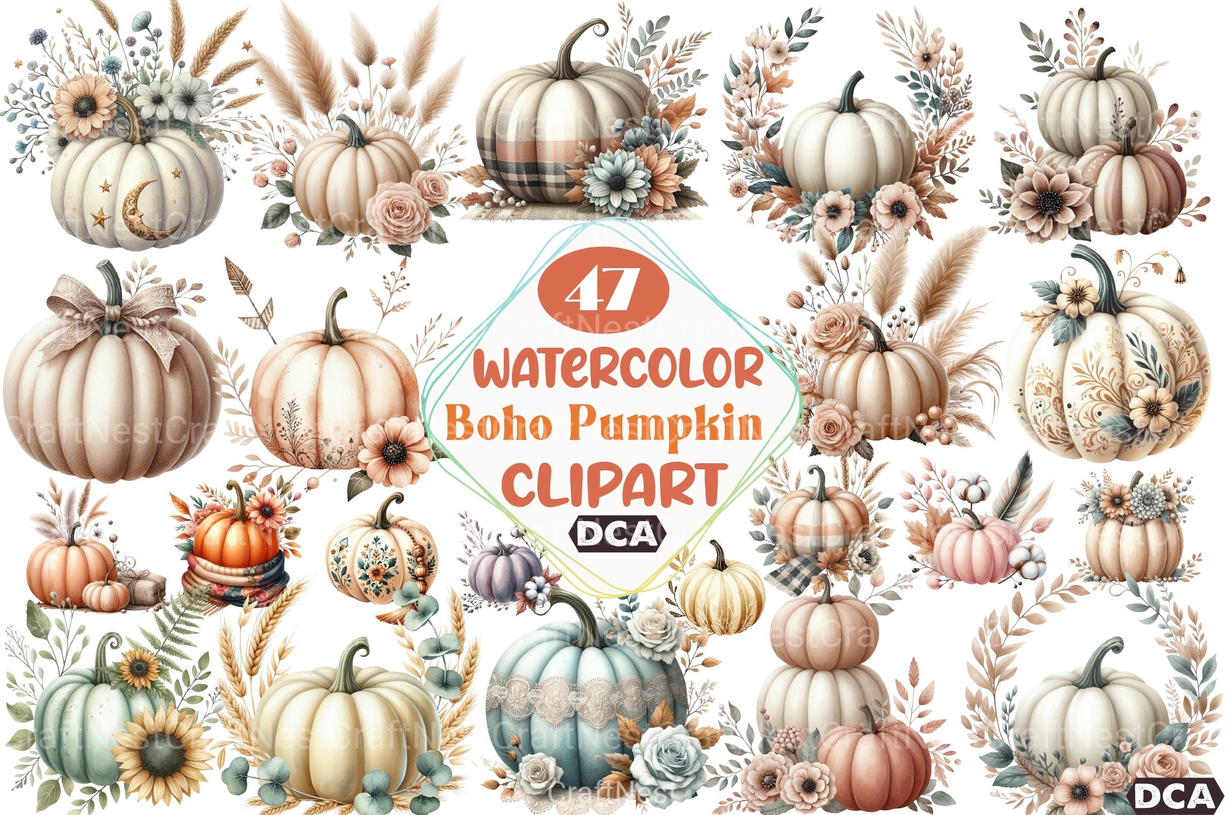 Boho Floral Pumpkin Clipart Collection Bundle - CraftNest - Digital Crafting and Art