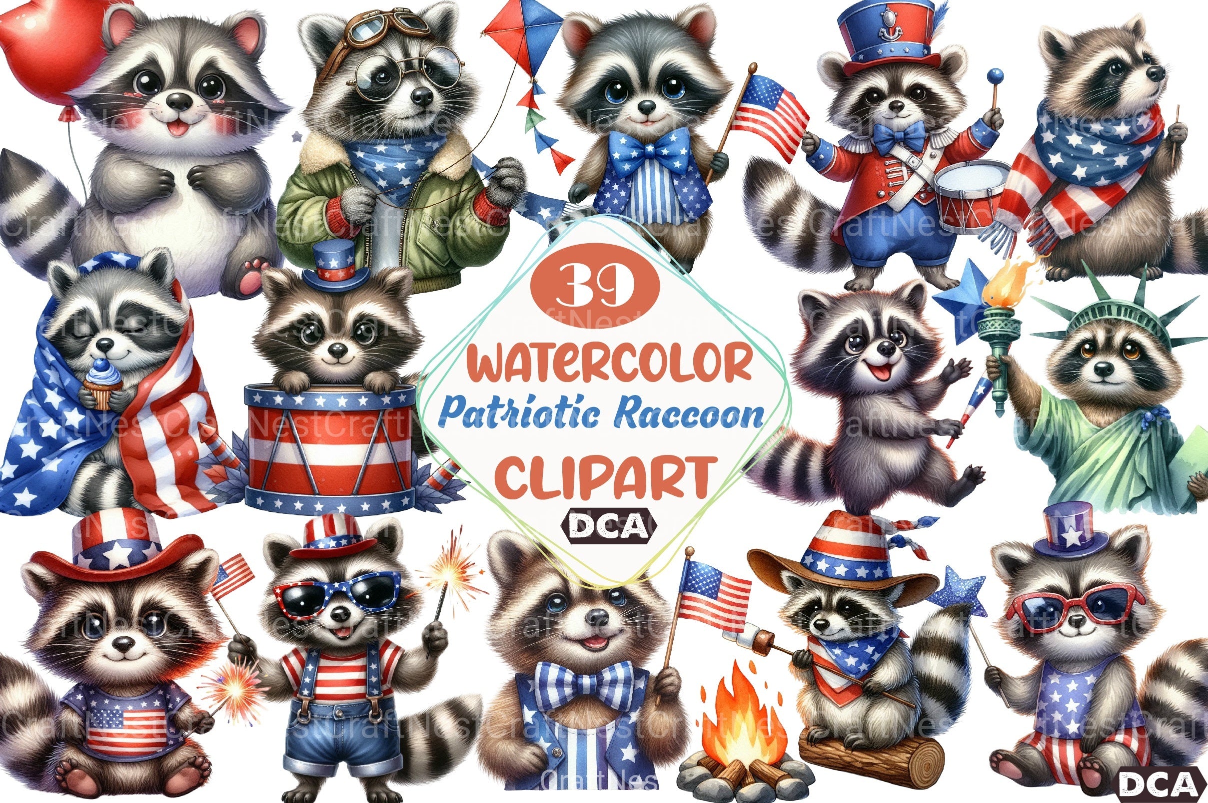 Cartoon Patriotic Raccoon Clipart Bundle - CraftNest - Digital Crafting and Art