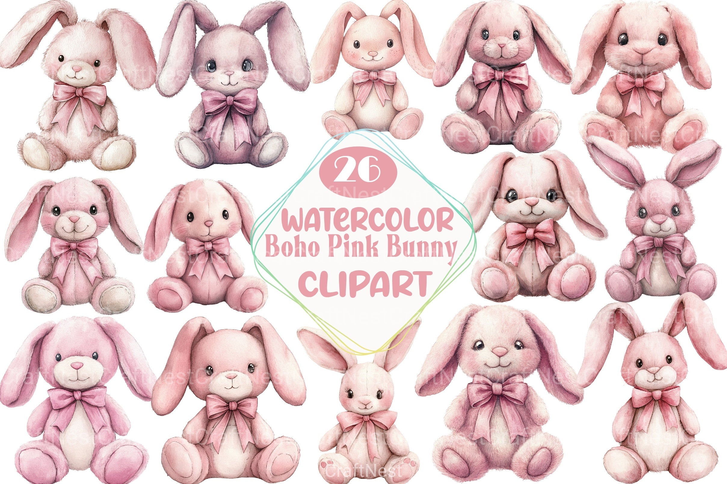 Boho Pink Bunny Clipart Bundle - CraftNest - Digital Crafting and Art
