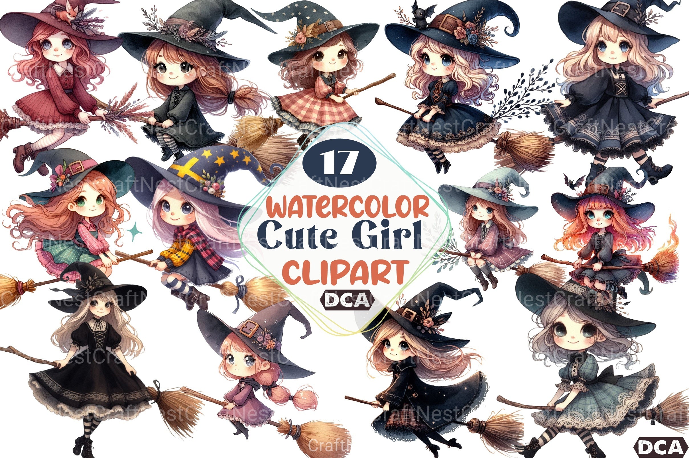 Cute Gothic Witch Broomstick Clipart Bundle Sweden - CraftNest - Digital Crafting and Art