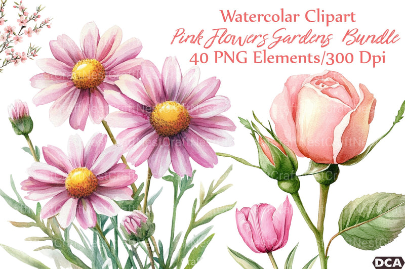 Pink Flowers Gardens Clipart Bundle - CraftNest - Digital Crafting and Art