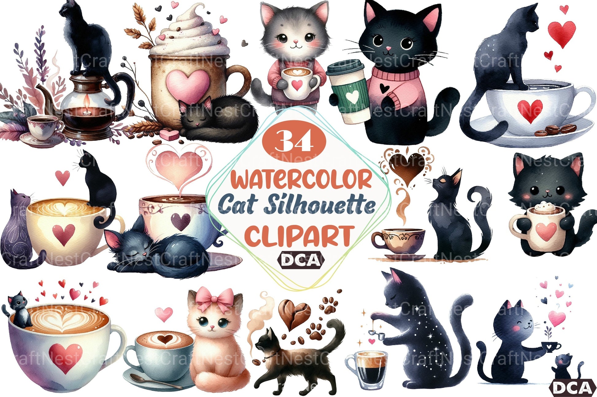 Cat Silhouette Coffee Clipart Bundle 33 - CraftNest - Digital Crafting and Art
