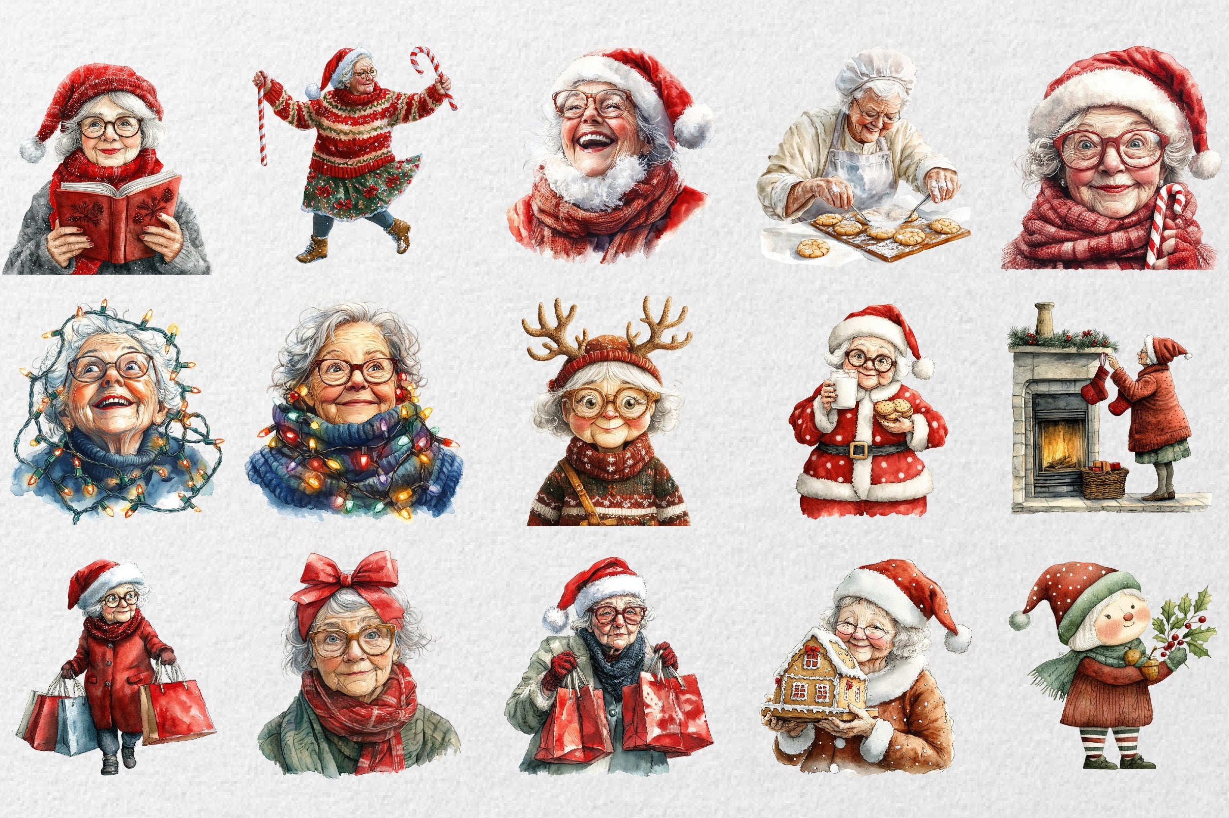 Funny Old Lady Christmas Clipart Bundle