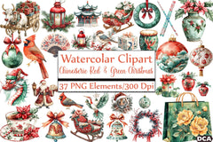 Chinoiserie Red & Green Christmas Clipart Bundle - CraftNest - Digital Crafting and Art
