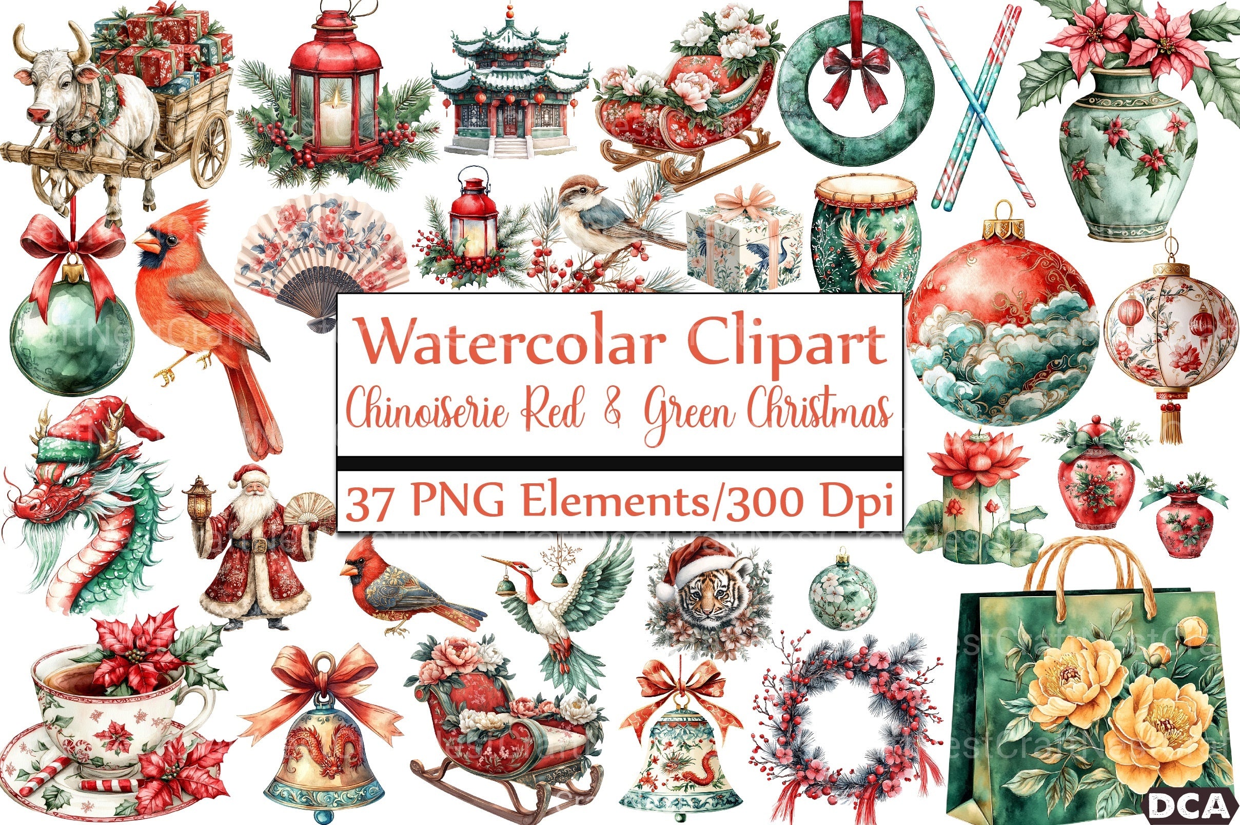 Chinoiserie Red & Green Christmas Clipart Bundle - CraftNest - Digital Crafting and Art