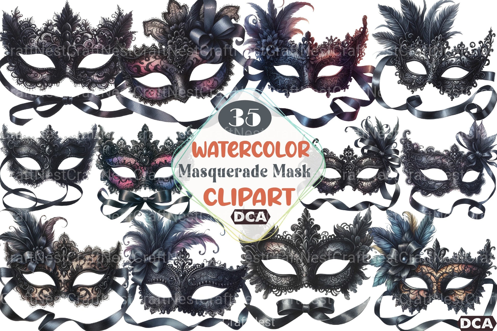 Black Lace Masquerade Mask Clipart Bundle - CraftNest - Digital Crafting and Art