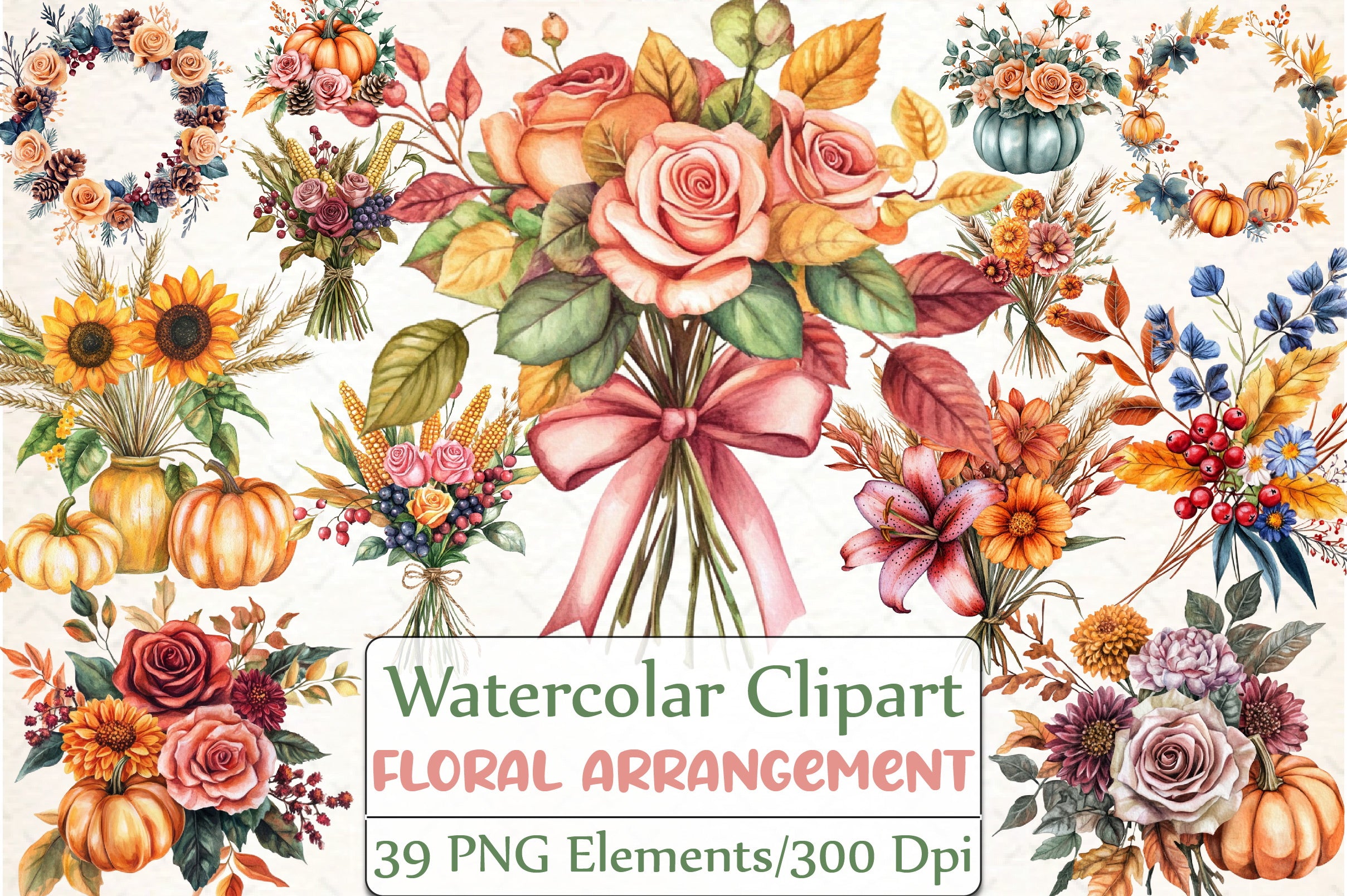 Thanksgiving Floral Arrangement Clipart Bundle