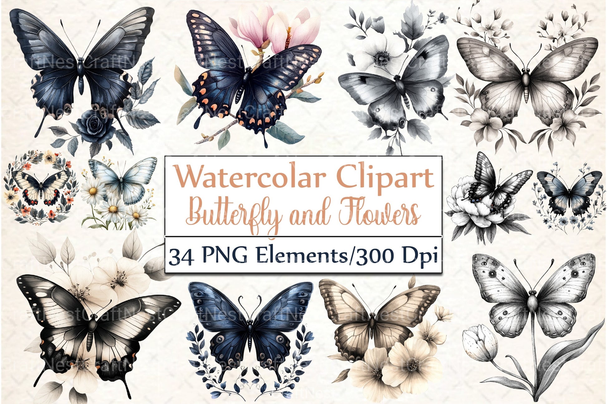 Black and White Butterfly Flowers Clipart Bundle - CraftNest - Digital Crafting and Art