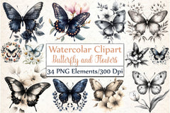 Black and White Butterfly Flowers Clipart Bundle - CraftNest - Digital Crafting and Art