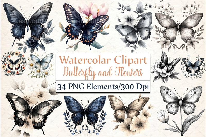 Black and White Butterfly Flowers Clipart Bundle - CraftNest - Digital Crafting and Art