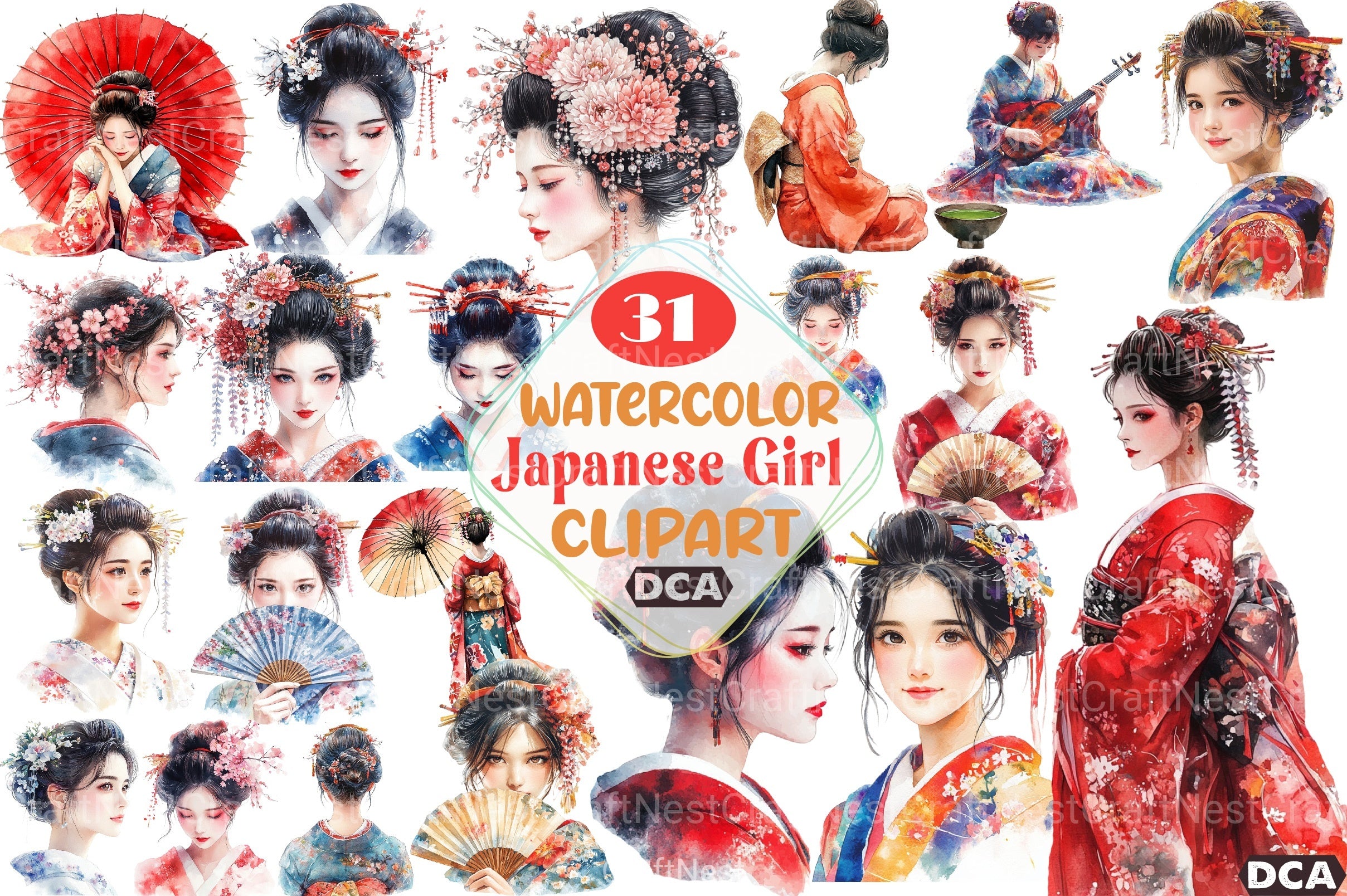 Beautiful Japanese Geisha Girl Clipart Bundle - CraftNest - Digital Crafting and Art