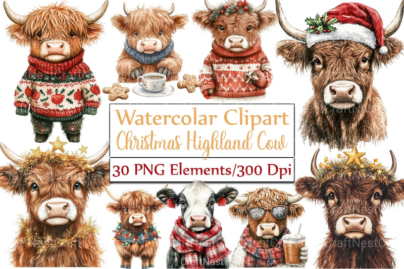 Cute Christmas Highland Cow Clipart Bundle 7 - CraftNest - Digital Crafting and Art