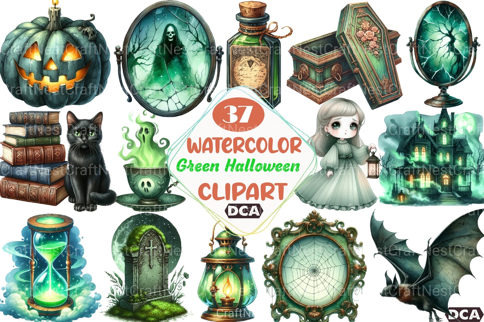 Antique Green Halloween Clipart Bundle 3 - CraftNest - Digital Crafting and Art