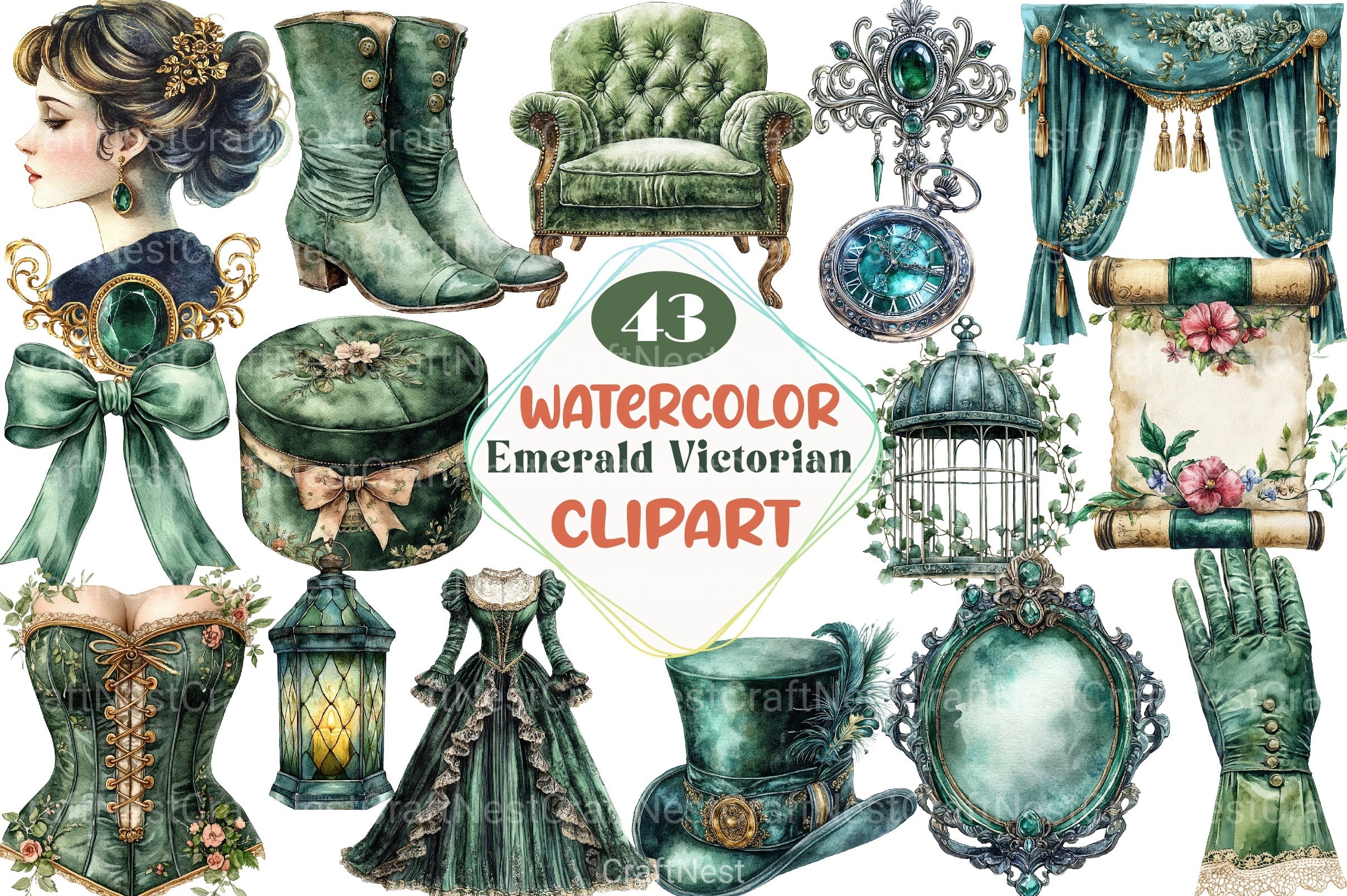 Emerald Victorian Clipart Bundle 7 - CraftNest - Digital Crafting and Art