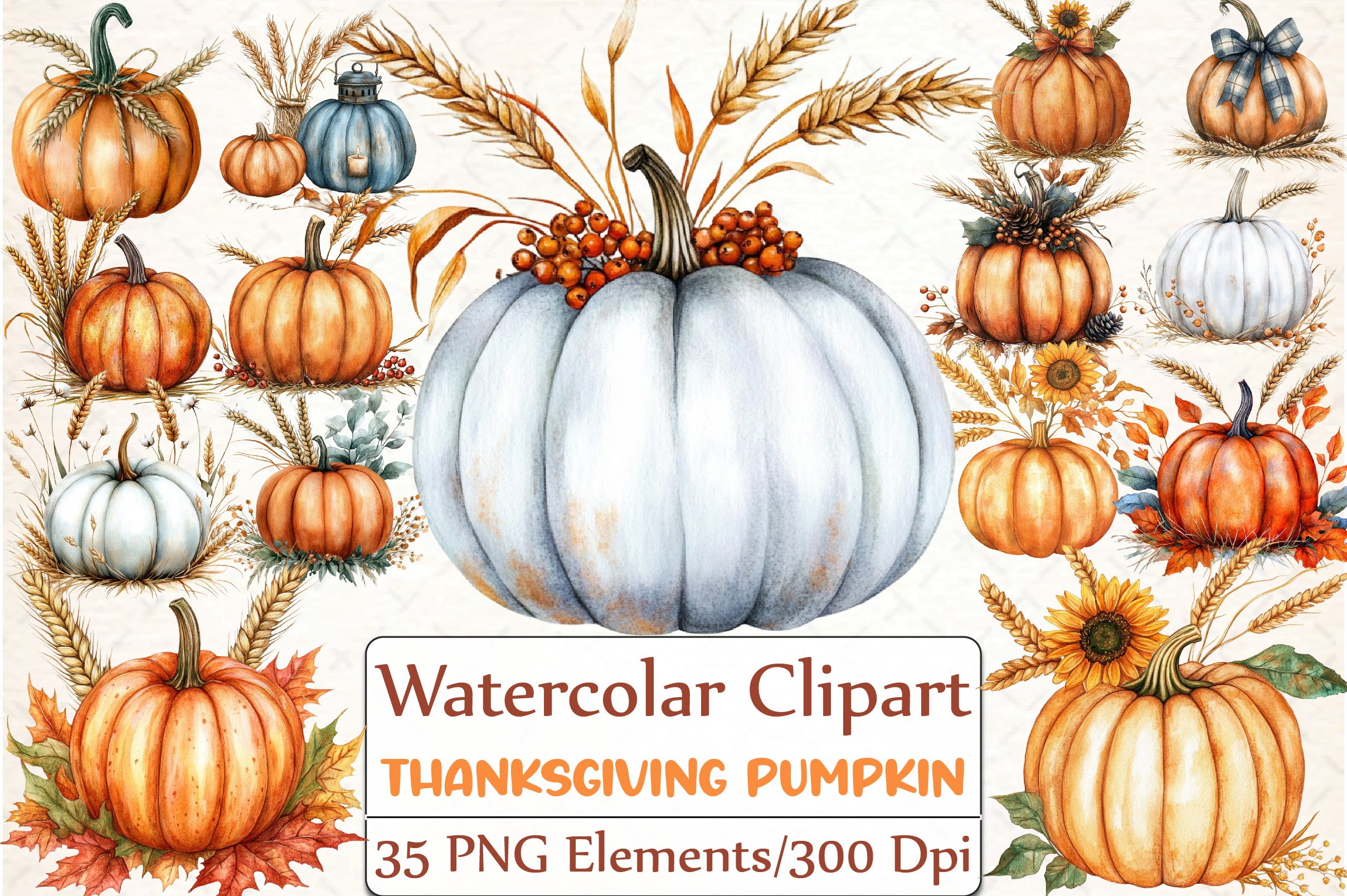 Thanksgiving Pumpkin and Wheat Clipart Bundle