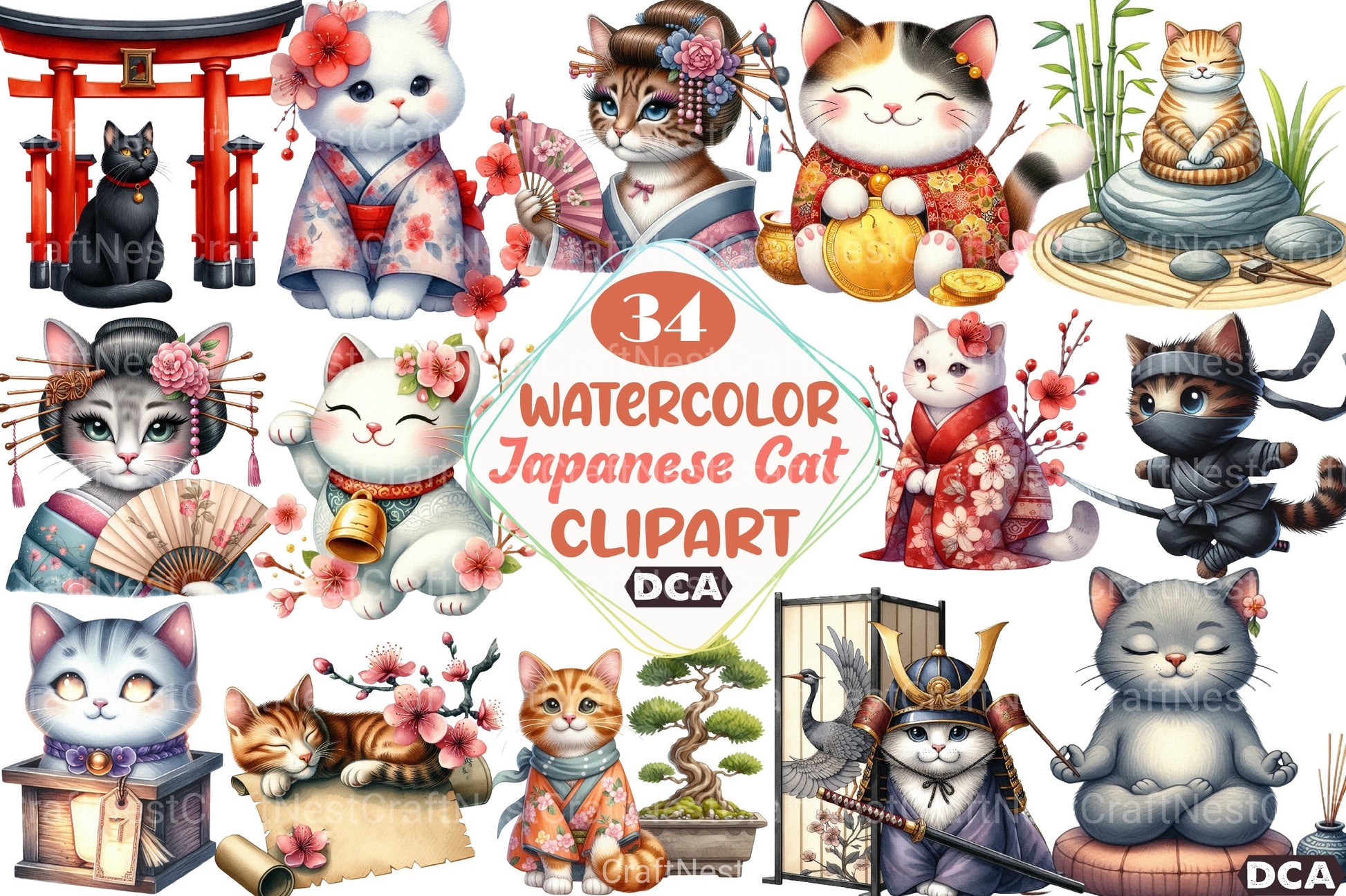 Beautiful Japanese Style Cat Clipart Bundle - CraftNest - Digital Crafting and Art